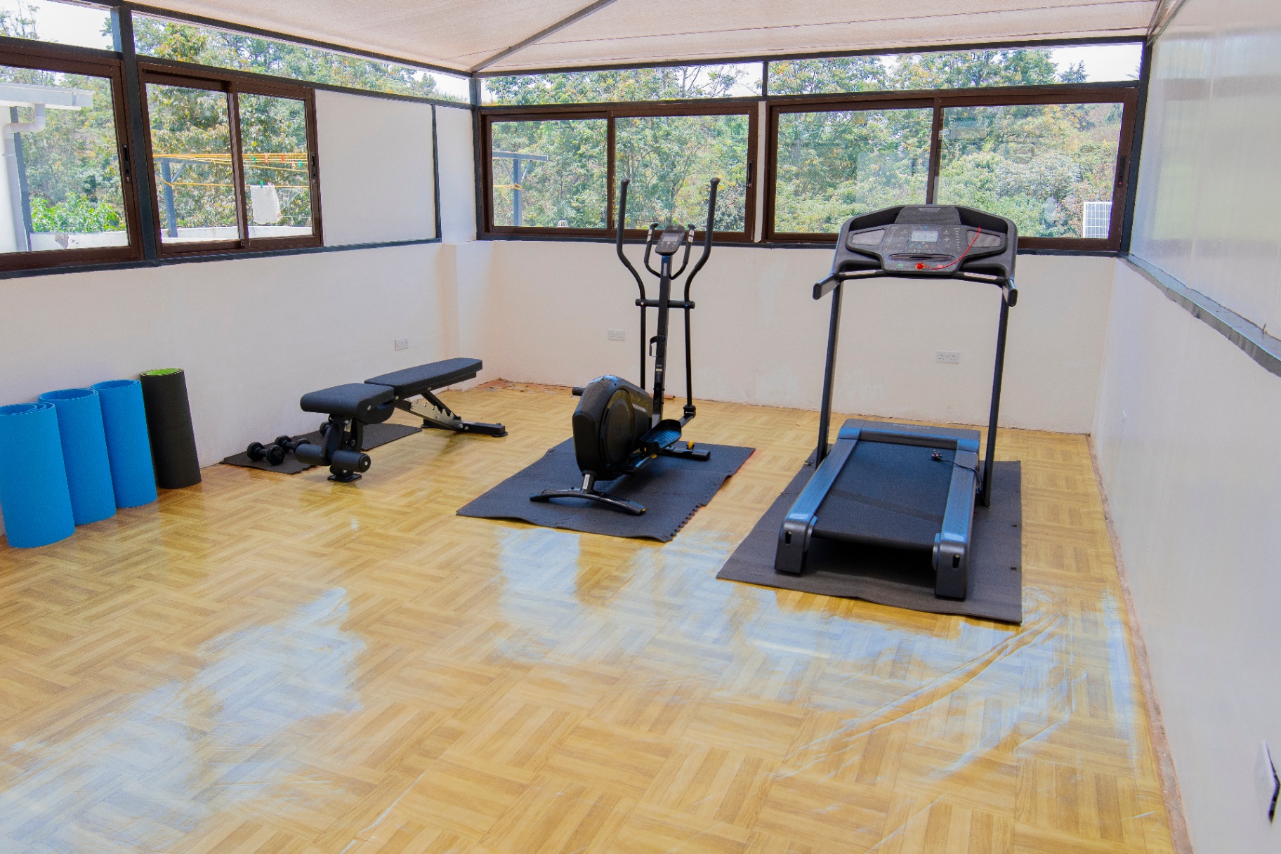 Private gym room with treadmill, elliptical, bench and yoga mats