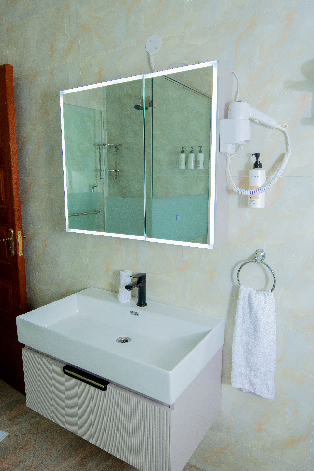 One-Bedroom Furnished – vanity, LED mirror, hairdryer